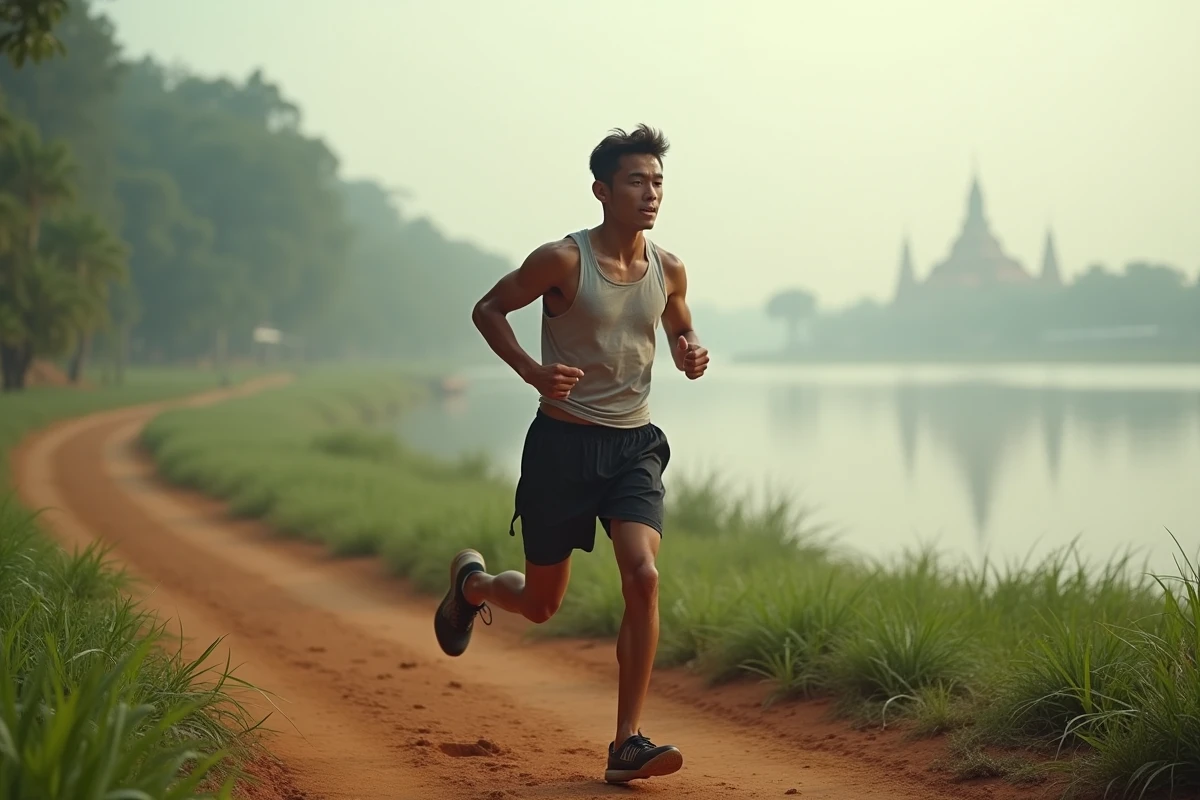 Champion de boxe thaïlandaise effectuant son footing matinal sur un chemin de terre au bord d'un fleuve en Thaïlande rurale
