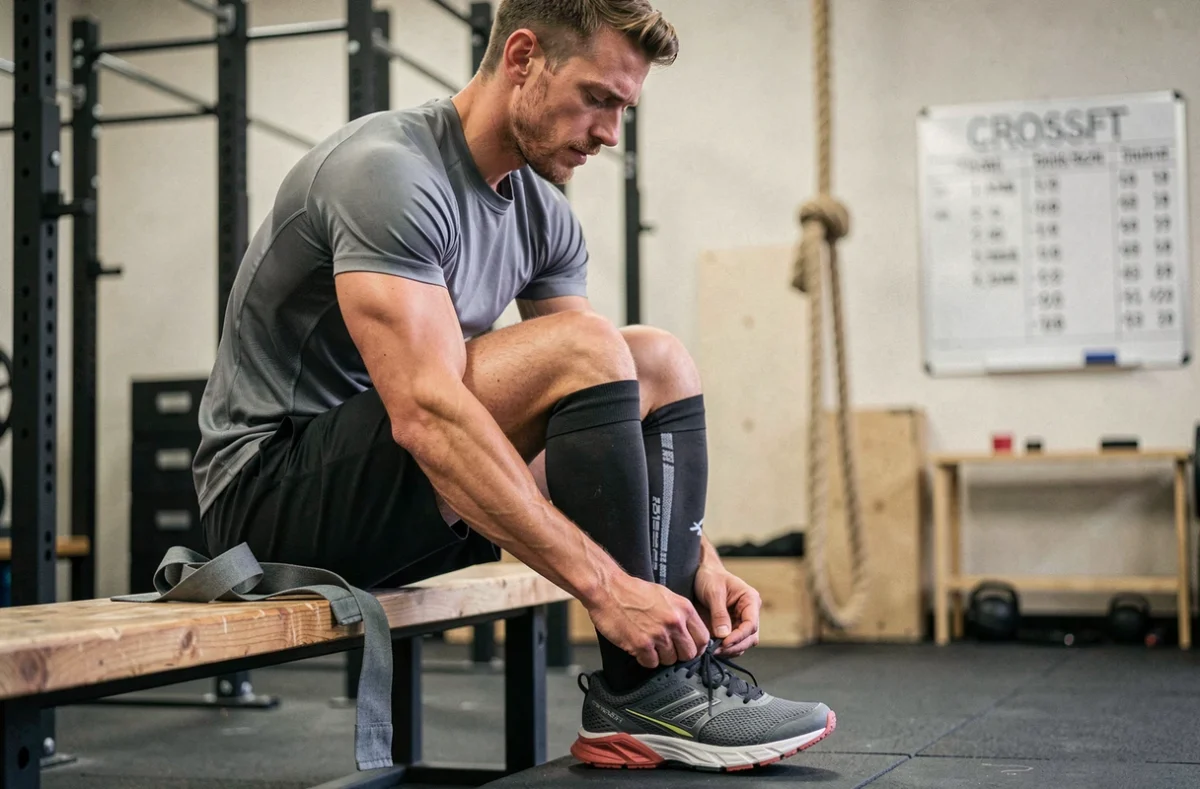 Athlète masculin attachant ses chaussures de cross-training spécialisées avant une compétition Open CrossFit dans une salle de sport fonctionnel