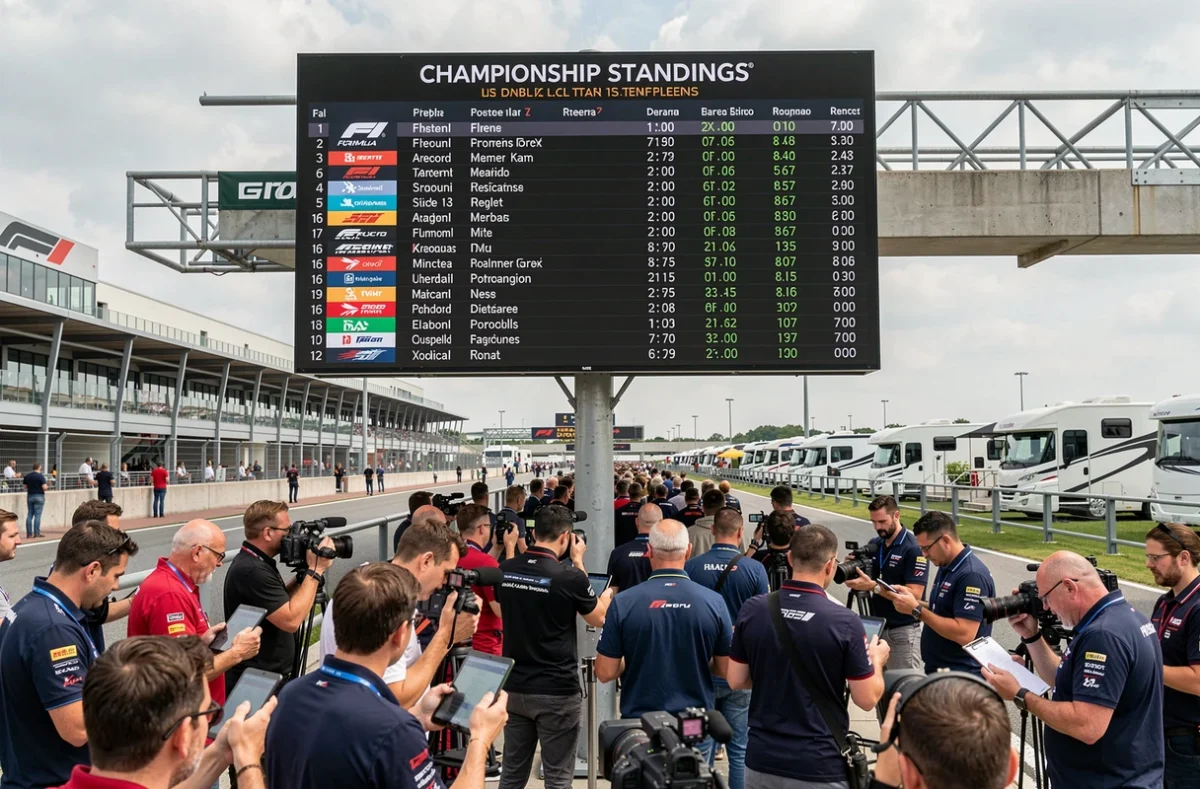 Tableau de classement numérique du championnat de Formule 1 affiché dans le paddock, entouré de journalistes et de membres d'équipes consultant des données lors d'un Grand Prix