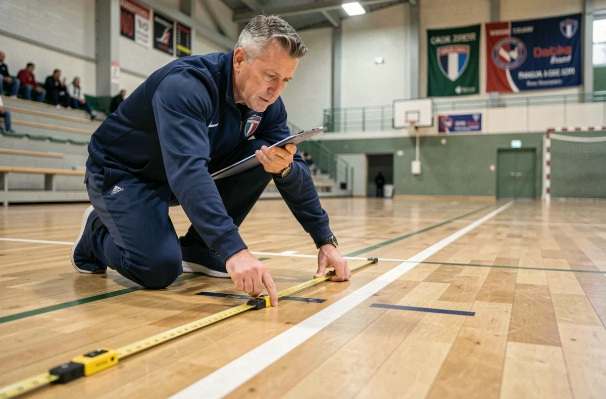 Entraîneur de handball mesurant les dimensions réglementaires du terrain avec un mètre ruban sur parquet