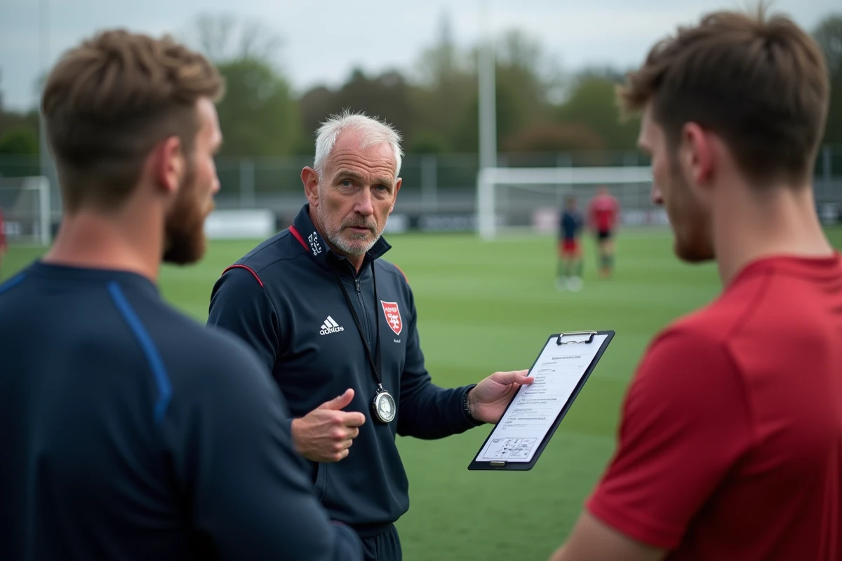 Entraineur de rugby discutant tactique avec deux joueurs