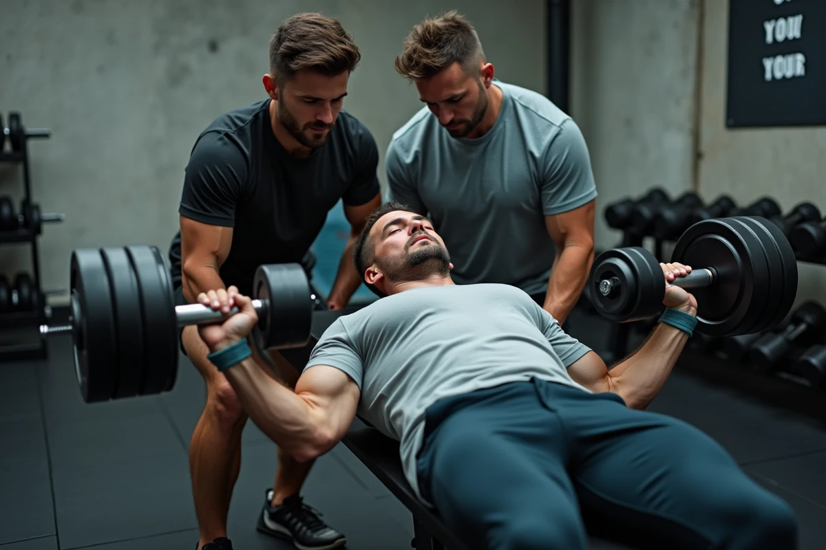 Deux hommes s'entraînant en salle de sport maison, l'un guidant l'autre lors d'un développé couché avec haltères pour progresser ensemble