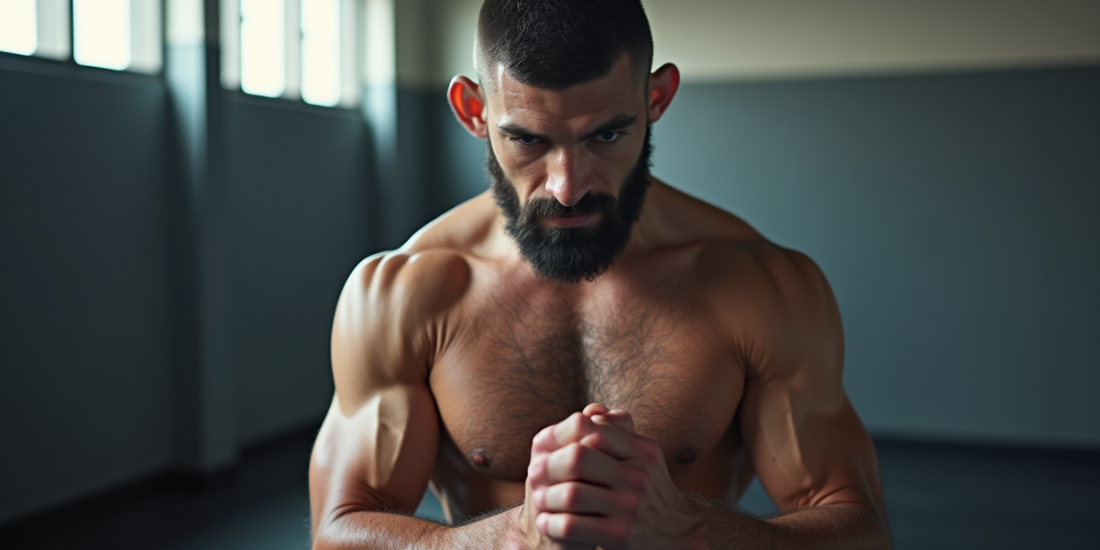 Fighter MMA concentré se préparant dans une salle lumineuse