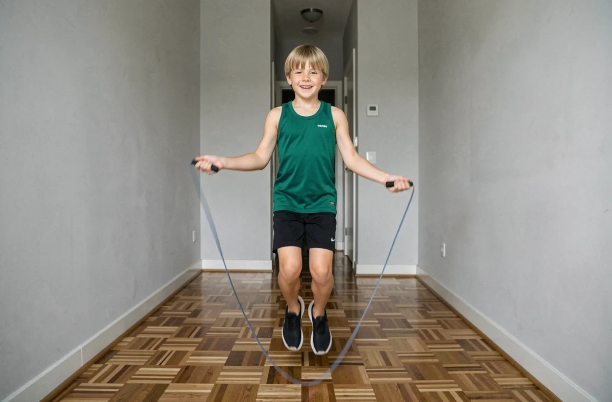 Garçon de 11 ans faisant de la corde à sauter dans le couloir d'un petit appartement