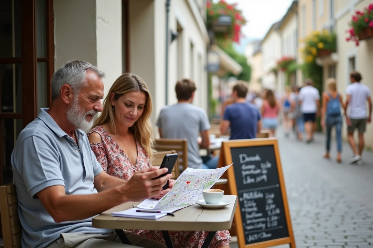 Couple de vacanciers consultant un guide touristique en terrasse de café dans le village de Montalivet-les-Bains
