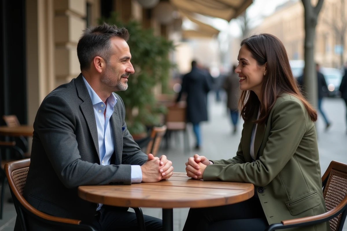 Couple discutant calmement en terrasse de café, symbolisant la solidarité face aux rumeurs et la communication ouverte