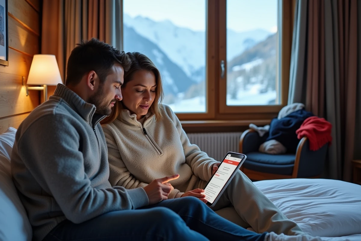 Couple découvrant une erreur dans leur réservation de forfait ski aux Menuires sur une tablette en chambre d'hôtel
