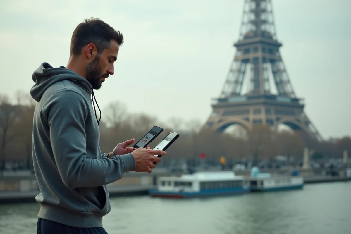Coureur comparant les prix d'inscription au Marathon de Paris sur son smartphone près de la Seine