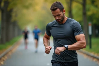 Coureur masculin regardant sa montre GPS pour vérifier son allure en min/km pendant un footing en parc urbain