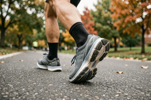 Coureur masculin en pleine foulée montrant une pronation excessive du pied sur un chemin asphalté en parc urbain
