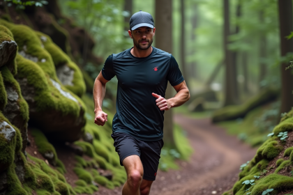 Coureur trail masculin en forêt lors d'une course