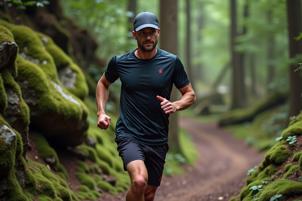 Coureur trail masculin en forêt lors d'une course