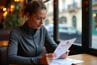 Coureuse étudiant le tarif d'inscription au Marathon de Paris dans un café parisien