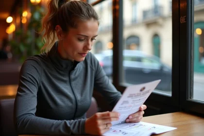 Coureuse étudiant le tarif d'inscription au Marathon de Paris dans un café parisien