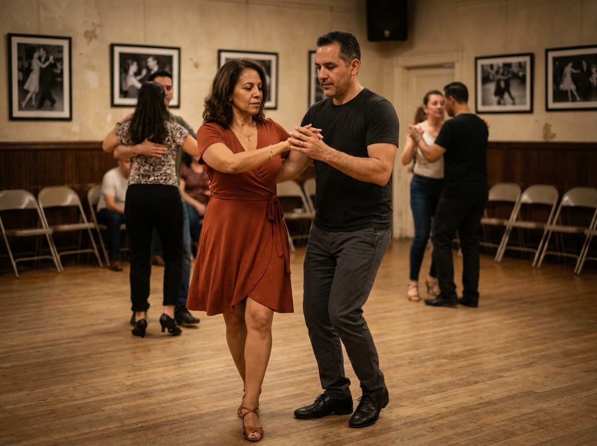 Couple d'adultes pratiquant la salsa en cours du soir, symbolisant la confiance en soi et l'épanouissement social grâce à la danse