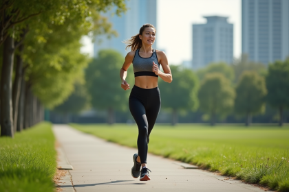Femme en course dans un parc urbain verdoyant