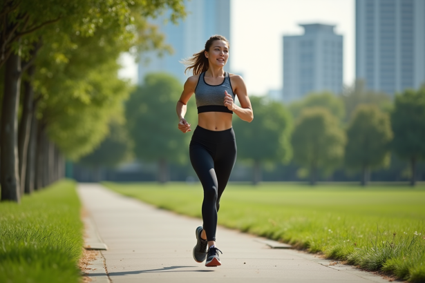 Femme en course dans un parc urbain verdoyant