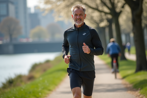 Homme courant en tenue de sport au bord de la rivière au printemps