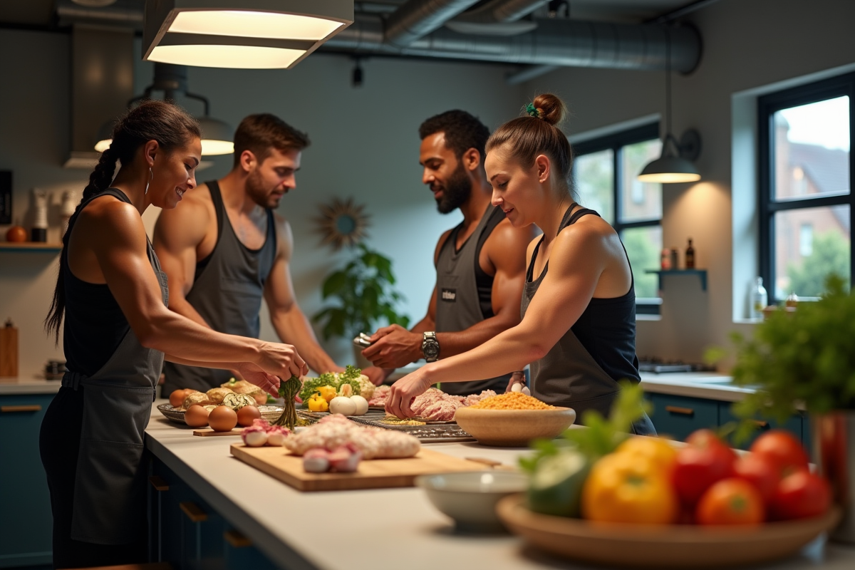 Groupe d'athletes préparant des repas riches en protéines dans une cuisine moderne