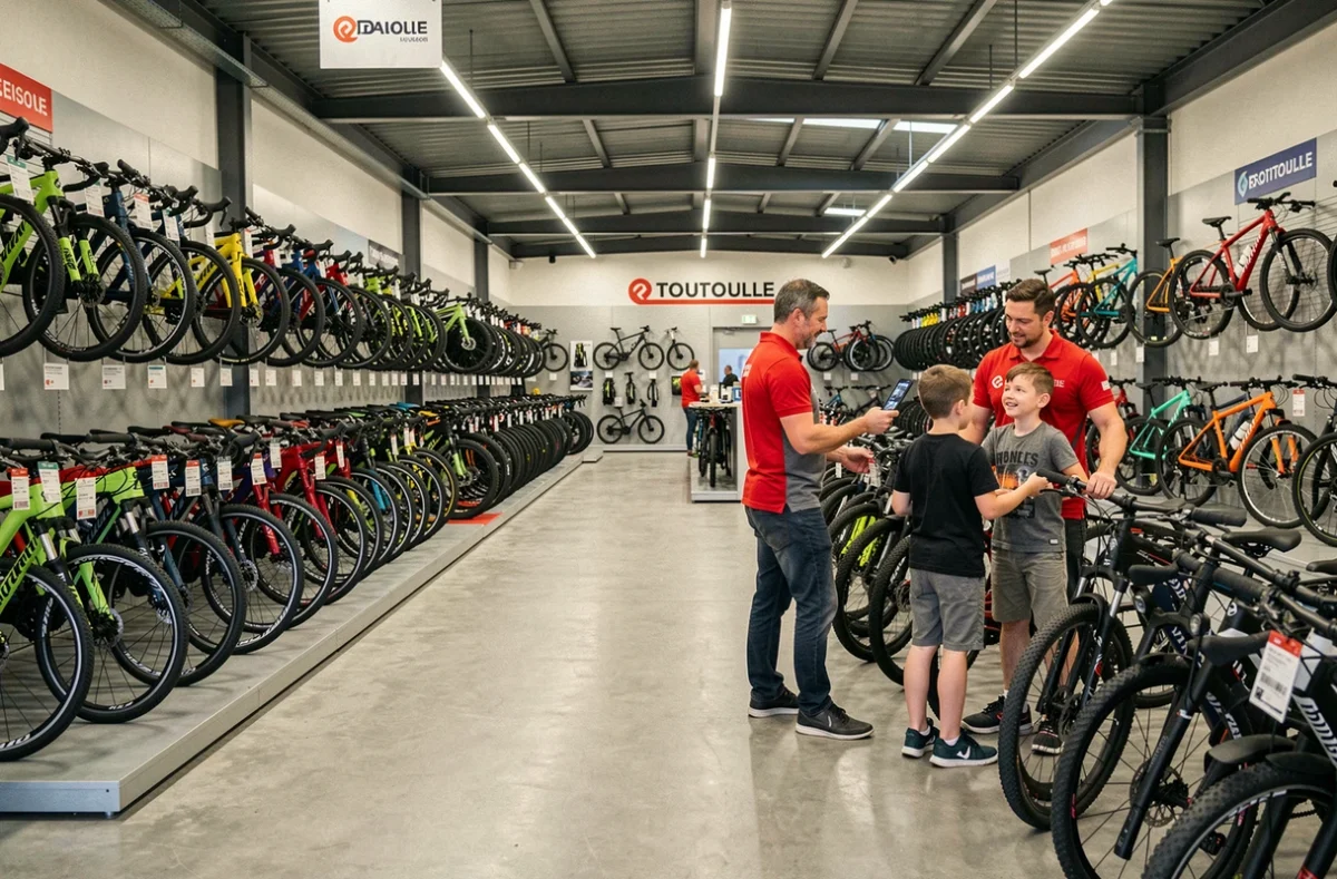 Vaste intérieur du magasin Culture Vélo Toulouse Portet avec un vendeur conseillant une famille parmi un large choix de vélos de route et VTT