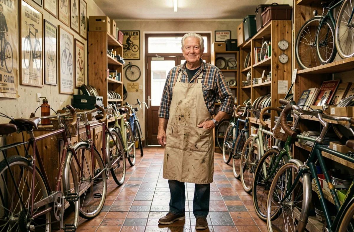 Propriétaire âgé de Cycles Palermo, magasin de vélos historique de Toulouse, posant fièrement dans sa boutique aux étagères chargées de pièces vintage et d'affiches cyclistes
