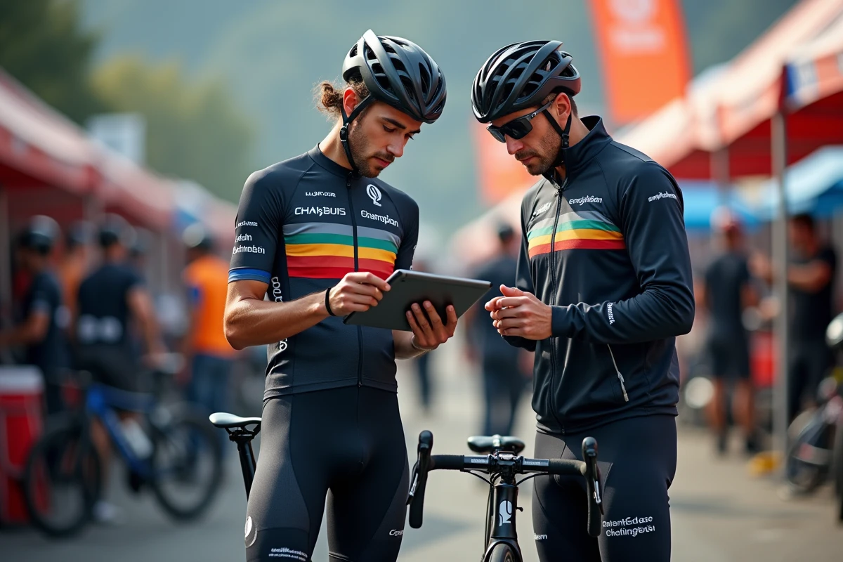 Cycliste champion du monde avec son directeur sportif dans le paddock d'une course cycliste professionnelle