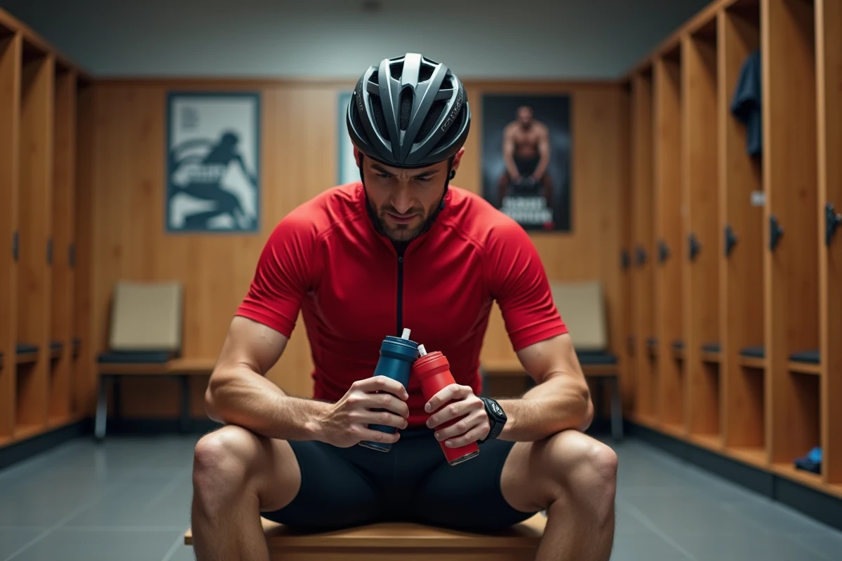 Cycliste homme dans salle de sport examine boissons énergisantes