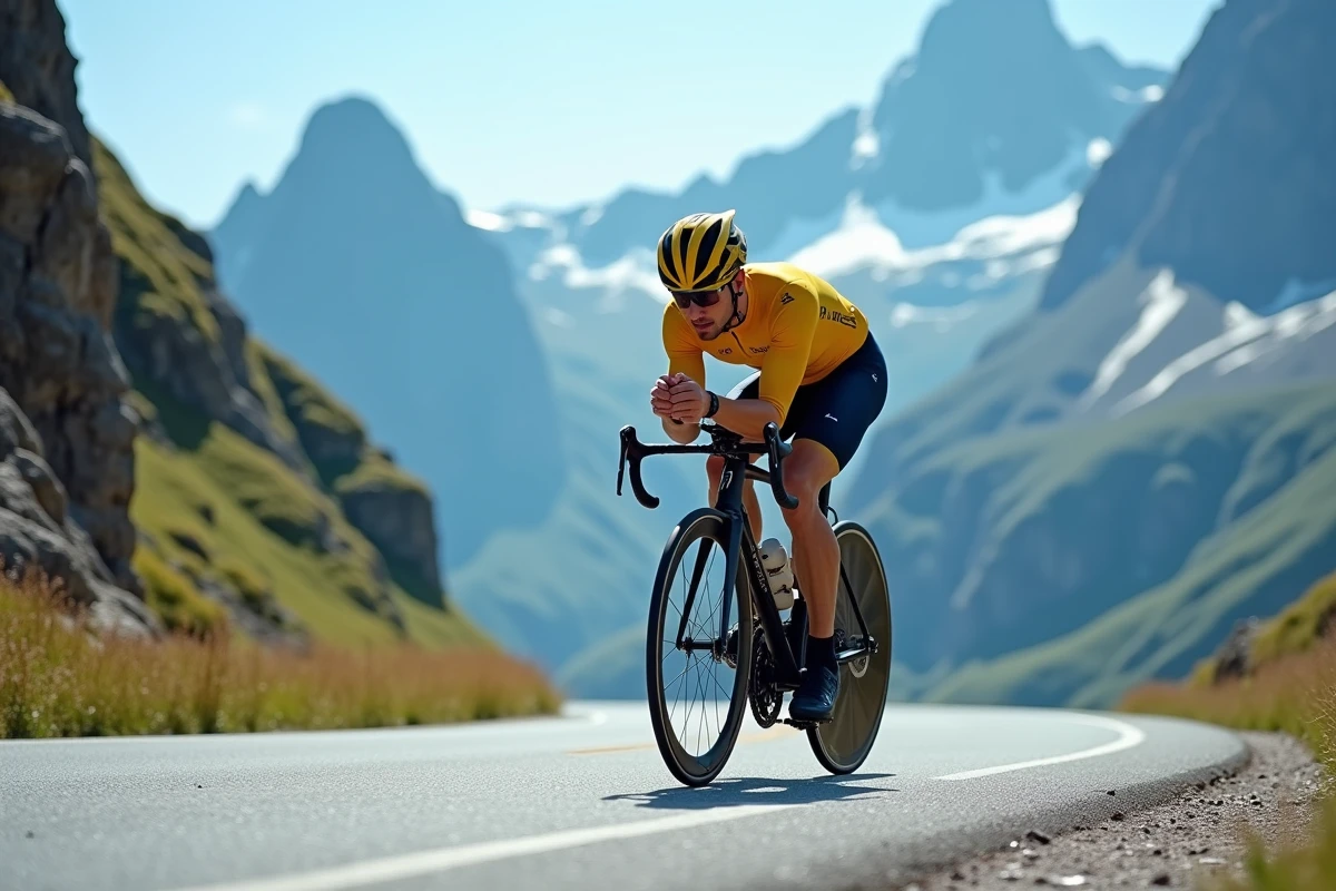 Cycliste professionnel en position de contre-la-montre sur un col alpin lors d'un grand tour cycliste