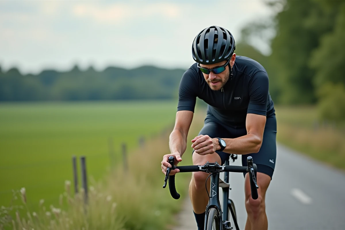 Cycliste homme ajustant le dérailleur arrière d'un vélo de route