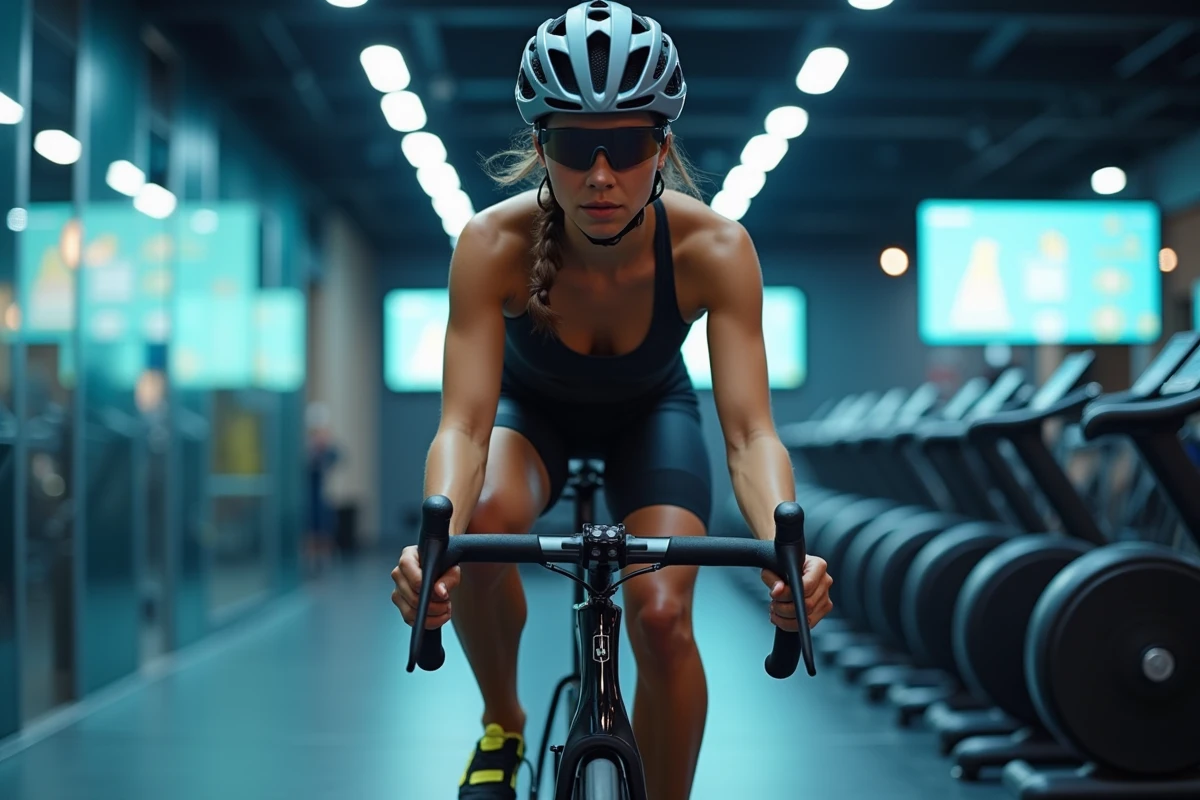 Femme cycliste entraînement sur vélo stationnaire moderne