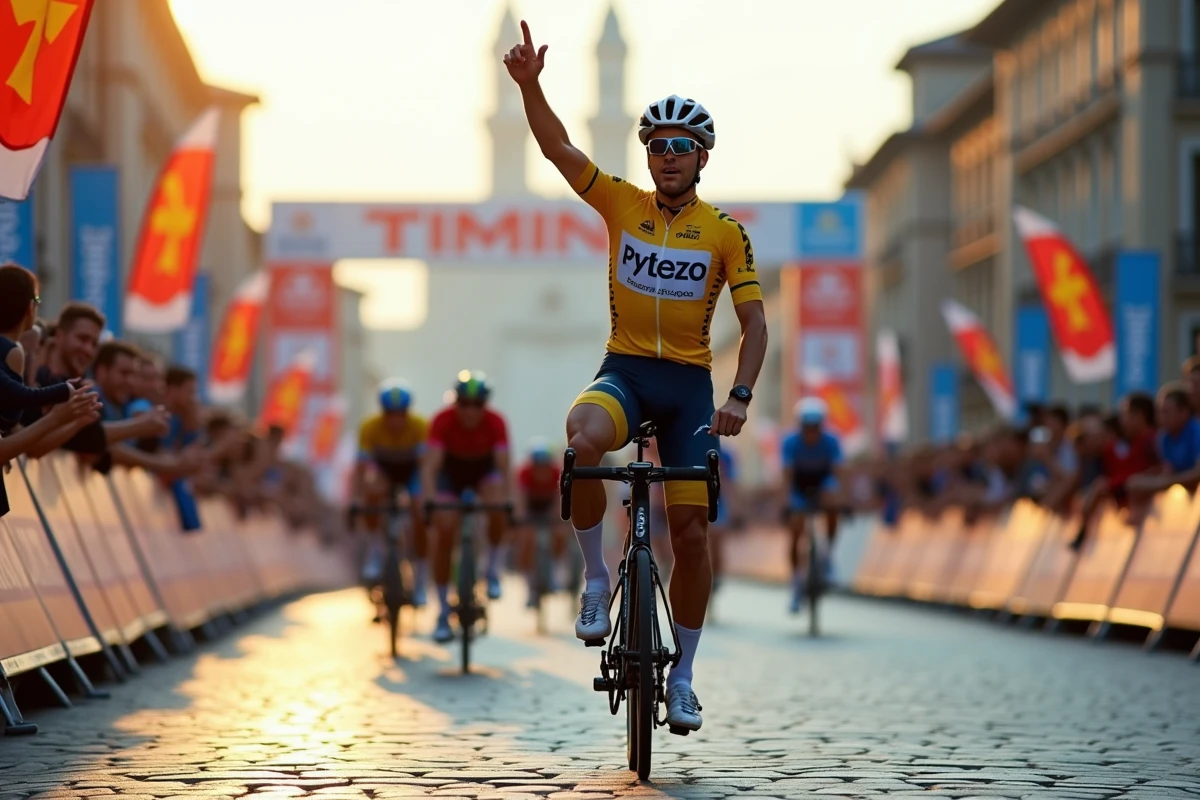 Cycliste professionnel levant le bras à l'arrivée d'une étape d'un grand tour en ville européenne