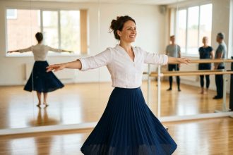Femme adulte dansant avec confiance en elle dans un studio de danse moderne, expression de joie et épanouissement personnel