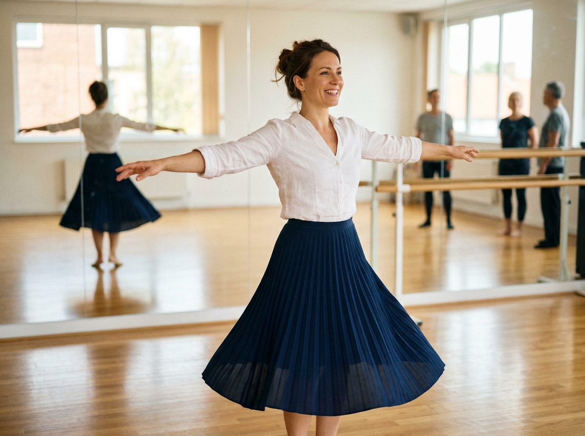 Femme adulte dansant avec confiance en elle dans un studio de danse moderne, expression de joie et épanouissement personnel