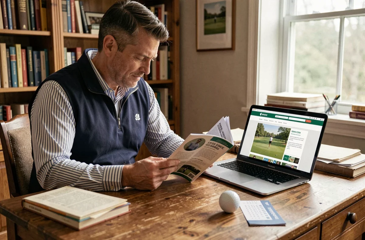 Homme débutant au golf consultant un guide et un tutoriel en ligne sur son ordinateur portable dans un bureau, avec une balle de golf et une carte de score posées sur la table