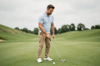 Débutant en golf tenant un club avec une expression hésitante sur un fairway verdoyant