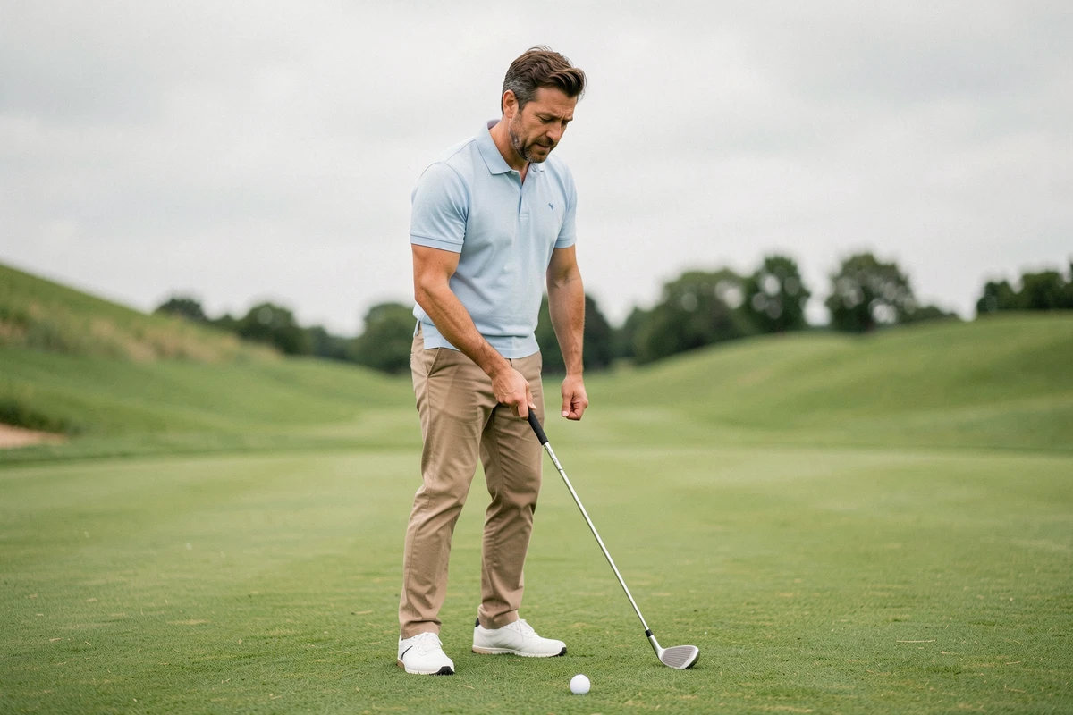 Débutant en golf tenant un club avec une expression hésitante sur un fairway verdoyant