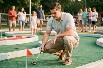 Homme débutant au golf s'initiant sur un parcours de mini-golf, tenant un putter et se préparant à frapper, vue en plan rapproché en extérieur