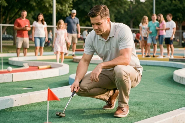 Homme débutant au golf s'initiant sur un parcours de mini-golf, tenant un putter et se préparant à frapper, vue en plan rapproché en extérieur