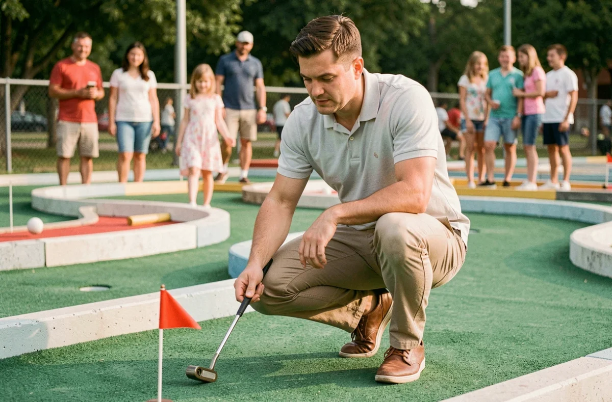 Homme débutant au golf s'initiant sur un parcours de mini-golf, tenant un putter et se préparant à frapper, vue en plan rapproché en extérieur
