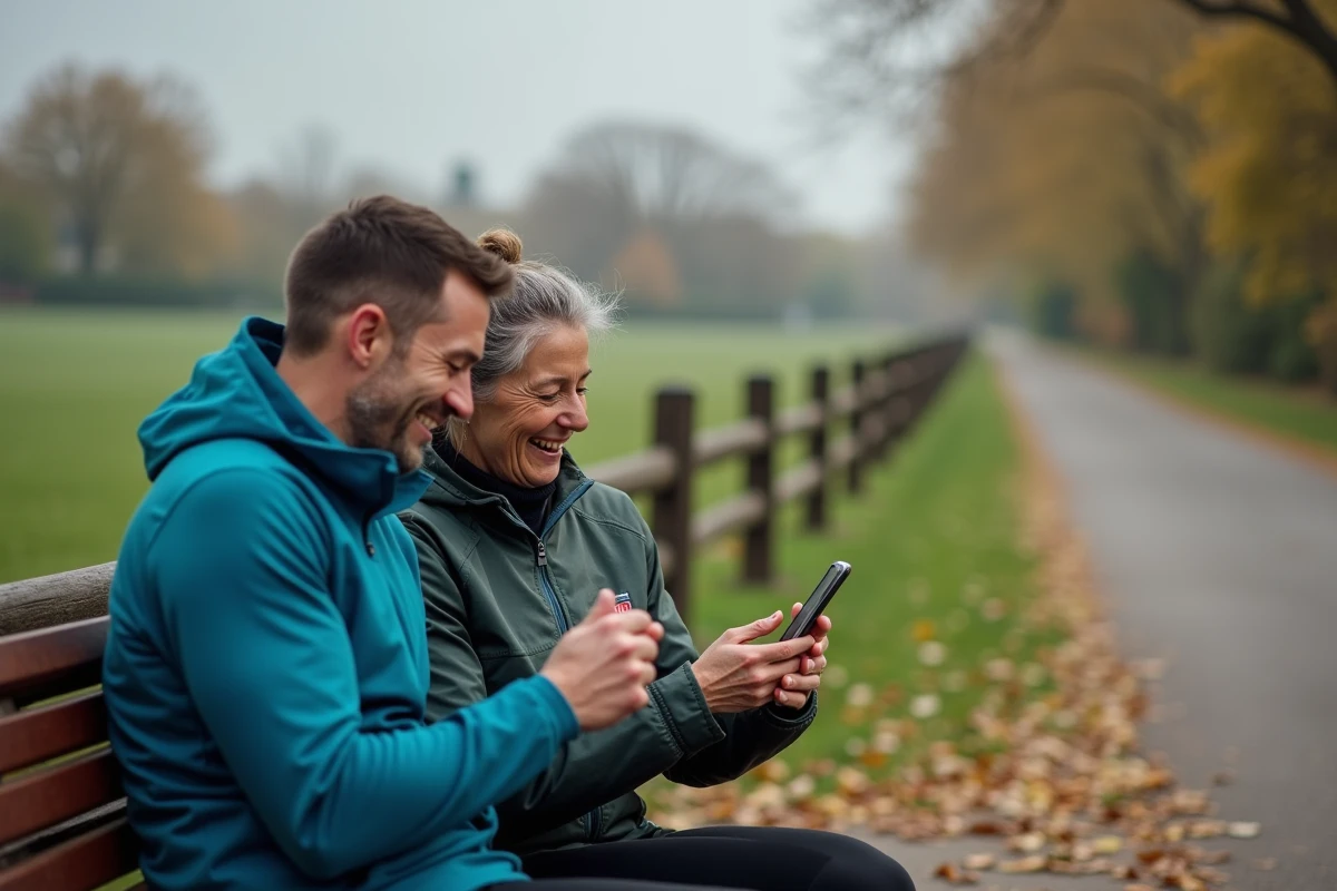 Deux coureurs récréatifs consultant leurs données d'allure de course sur smartphone lors d'une pause sur un sentier de parc