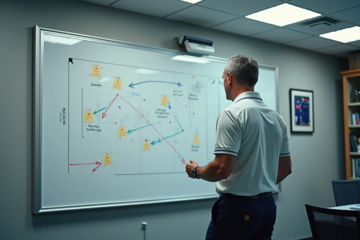 Directeur sportif d'un club de football devant un tableau tactique avec des noms de joueurs et des schémas de transfert dans une salle de réunion du centre d'entraînement