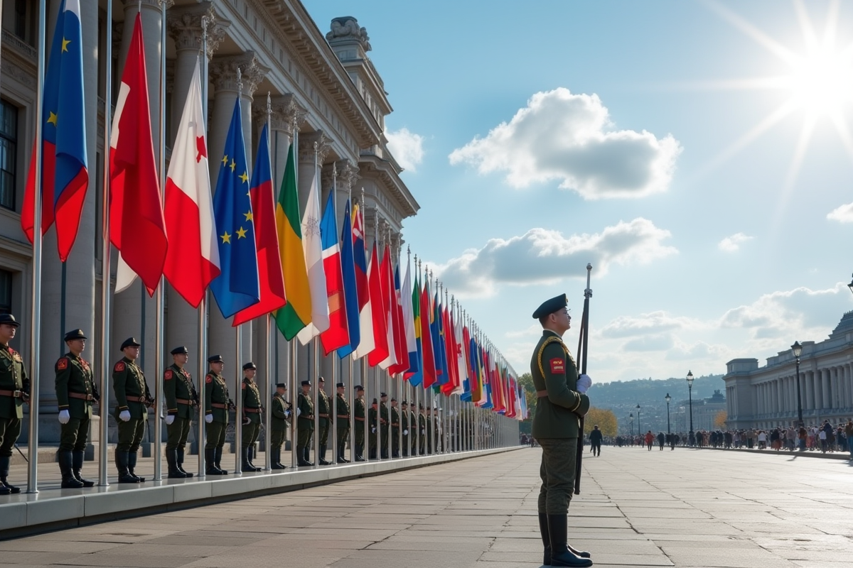 Drapeaux européens et soldats en garde devant le parlement