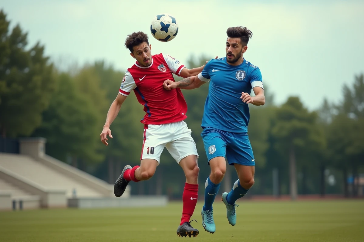 Duel aérien entre deux joueurs lors d'un match du Sporting Club Aubagne Air Bel