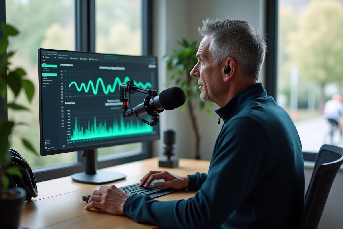 Homme enregistrant un podcast cyclisme à domicile avec casque de vélo et écran d'analyse de course