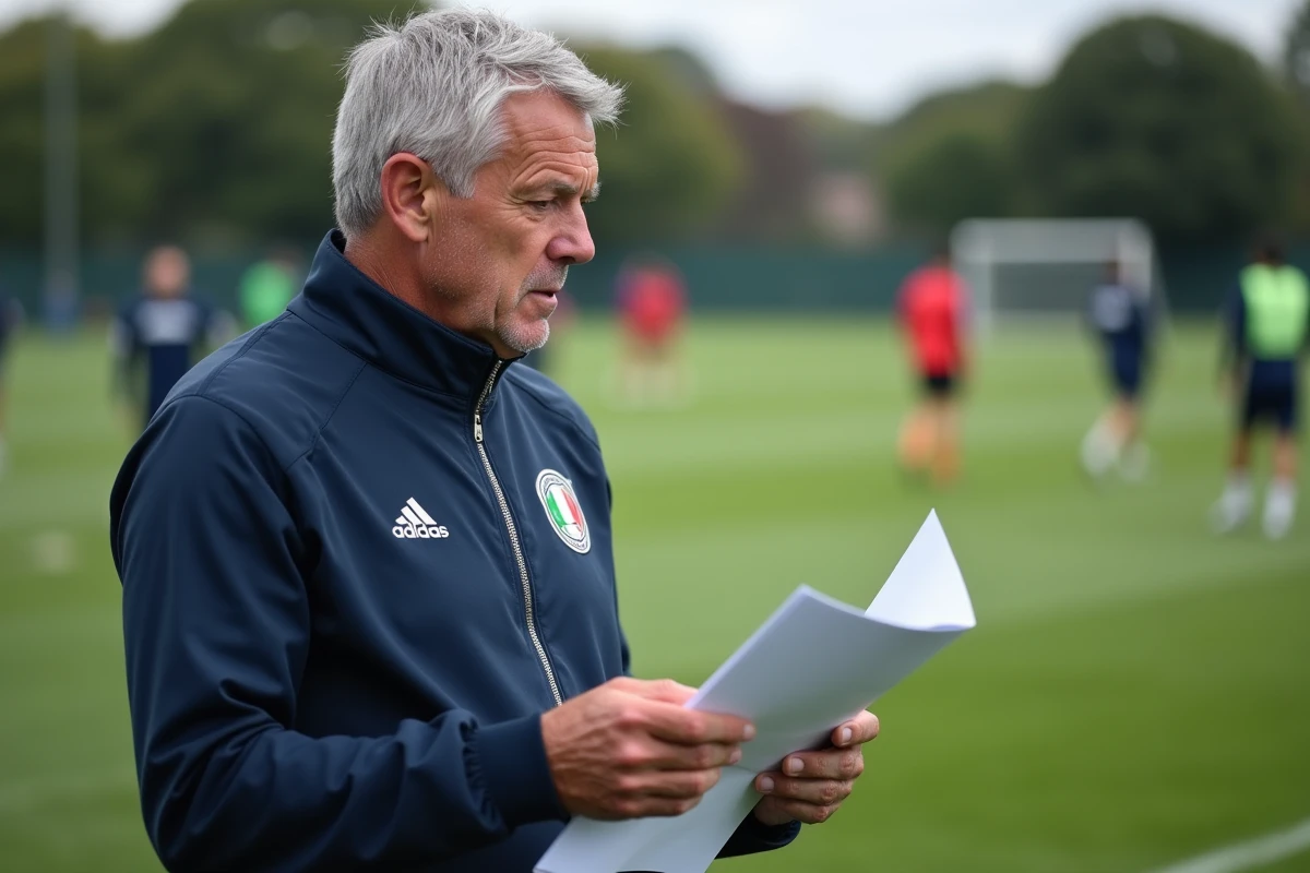 L'entraîneur de la Squadra Azzurra analyse sa feuille tactique en bord de terrain lors d'une séance de préparation pour l'Euro 2026