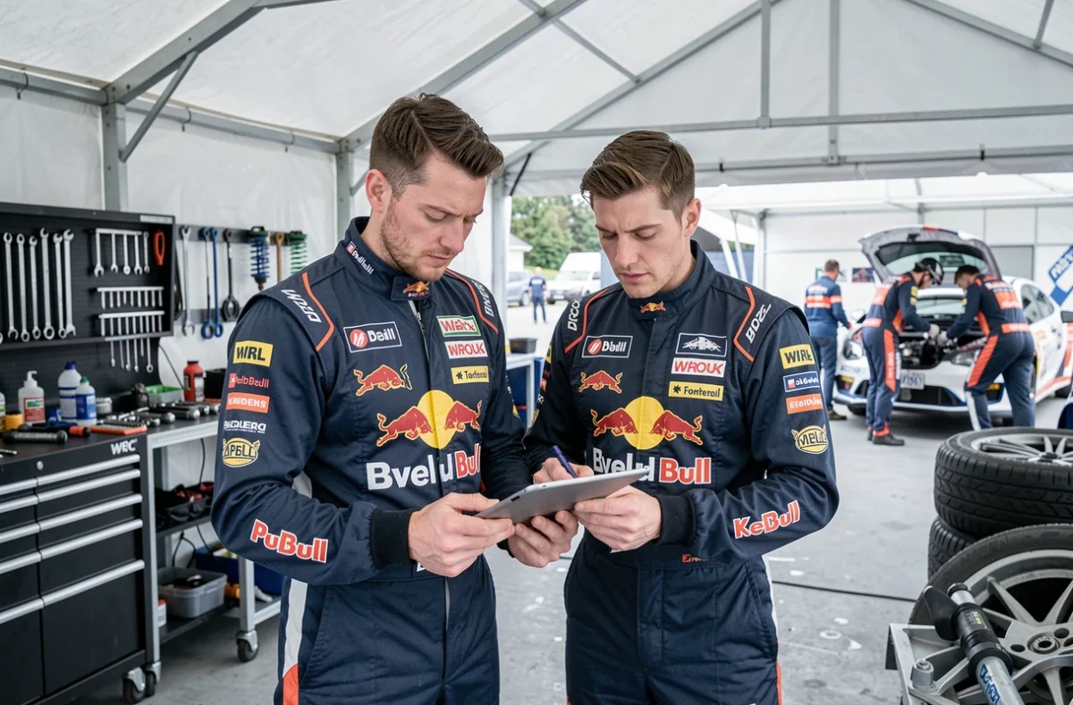 Équipage de rallye WRC consultant les notes de pace dans l'assistance lors d'une manche du calendrier 2026