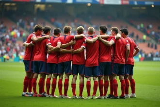 Groupe de joueurs de football amateurs souriants sur le terrain