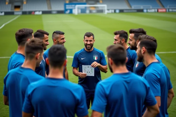 Les joueurs de l'équipe nationale italienne de football en cercle tactique lors d'une session d'entraînement avant l'Euro 2026