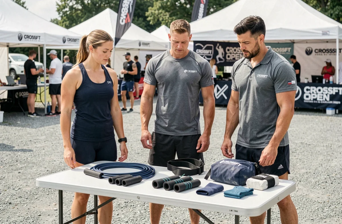 Groupe d'athlètes CrossFit examinant leur équipement complet incluant corde à sauter, ceinture de levage et manchons de genou lors d'un qualificatif Open régional
