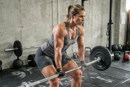 Athlète CrossFit féminine se préparant avec des grips de gymnastique et de la magnésie avant un soulevé de barre lors de l'Open CrossFit 2026